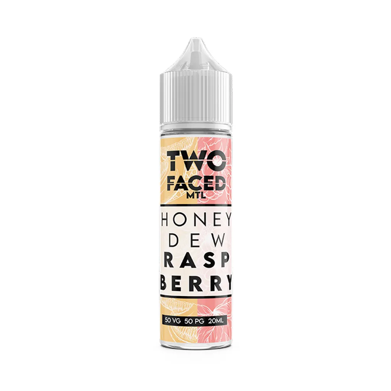 Two Faced Honeydew Raspberry MTL Shortfill originalflaska bredvid originalförpackning mot vit bakgrund