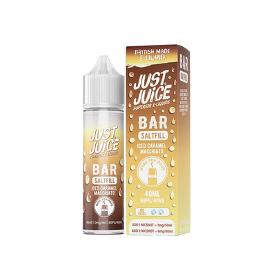 Just Juice Bar Iced Caramel Macchiato 40ml Longfill originalflaska bredvid originalförpackning mot vit bakgrund