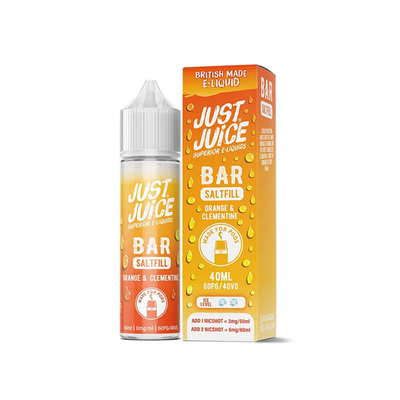 Just Juice Bar Orange & Clementine 40ml Longfill originalflaska bredvid originalförpackning mot vit bakgrund