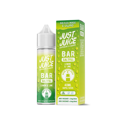 Just Juice Bar Lemon & Lime 40ml Longfill originalflaska bredvid originalförpackning mot vit bakgrund