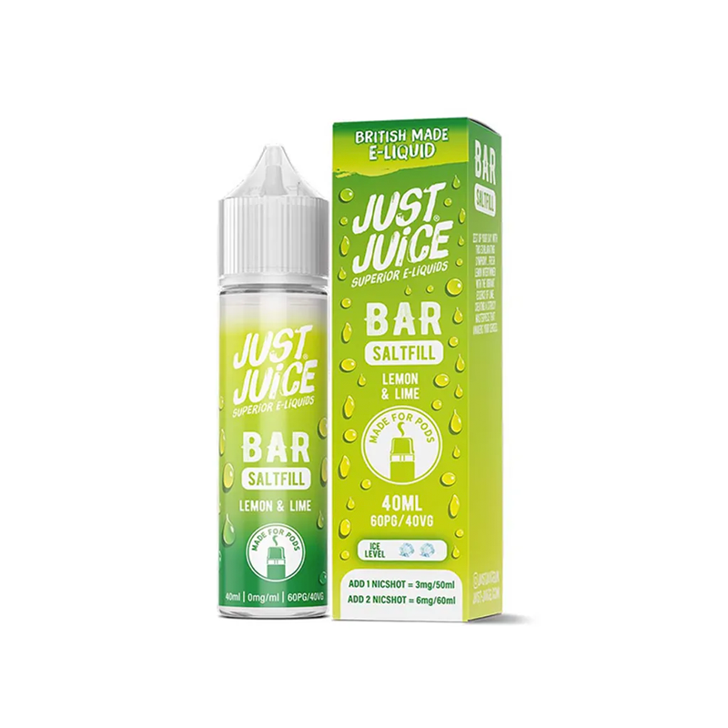 Just Juice Bar Lemon & Lime 40ml Longfill originalflaska bredvid originalförpackning mot vit bakgrund
