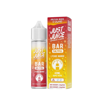 Just Juice Bar Lychee Mango 40ml Longfill originalflaska bredvid originalförpackning mot vit bakgrund