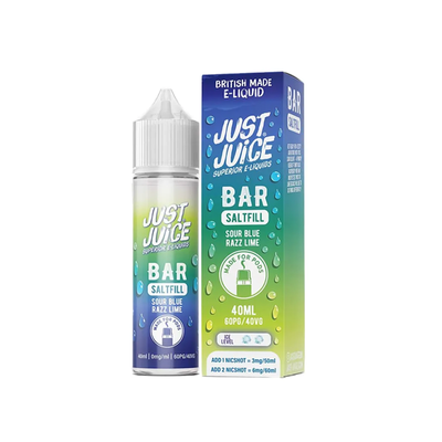 Just Juice Bar Sour Blue Razz Lime 40ml Longfill originalflaska bredvid originalförpackning mot vit bakgrund