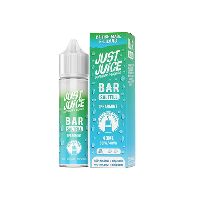 Just Juice Bar Spearmint 40ml Longfill originalflaska bredvid originalförpackning mot vit bakgrund