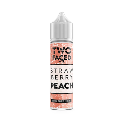Two Faced Strawberry Peach MTL Shortfill originalflaska bredvid originalförpackning mot vit bakgrund