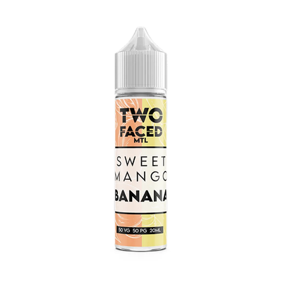Two Faced Sweet Mango Banana MTL Shortfill originalflaska bredvid originalförpackning mot vit bakgrund