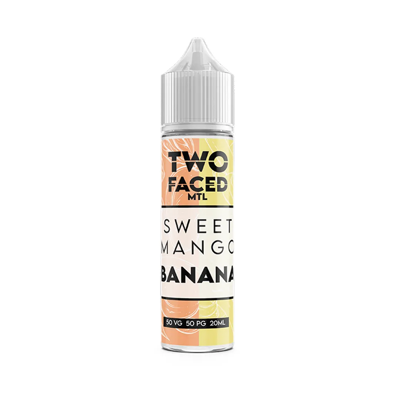Two Faced Sweet Mango Banana MTL Shortfill originalflaska bredvid originalförpackning mot vit bakgrund