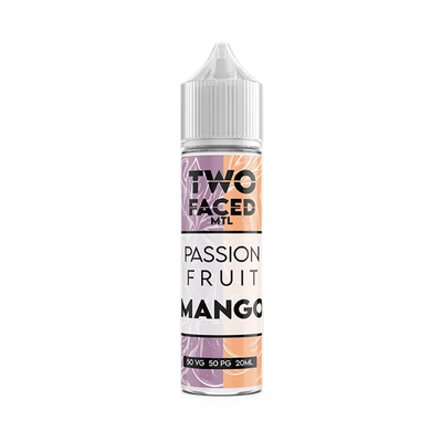 Two Faced Passion Fruit Mango MTL Shortfill originalflaska bredvid originalförpackning mot vit bakgrund