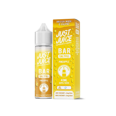Just Juice Bar Pineapple 40ml Longfill originalflaska bredvid originalförpackning mot vit bakgrund