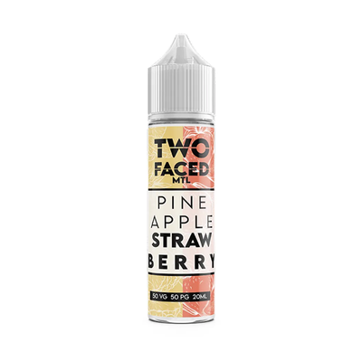 Two Faced Pineapple Strawberry MTL Shortfill originalflaska bredvid originalförpackning mot vit bakgrund