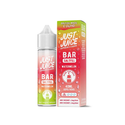 Just Juice Bar Watermelon 40ml Longfill originalflaska bredvid originalförpackning mot vit bakgrund