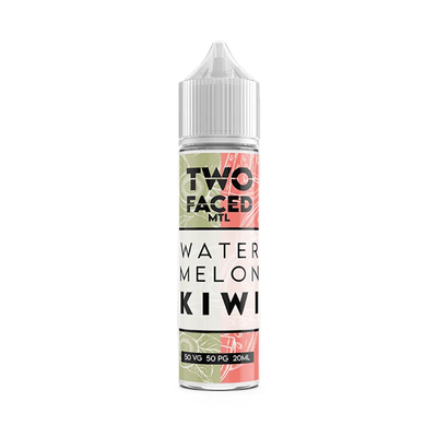Two Faced Watermelon Kiwi MTL Shortfill originalflaska bredvid originalförpackning mot vit bakgrund