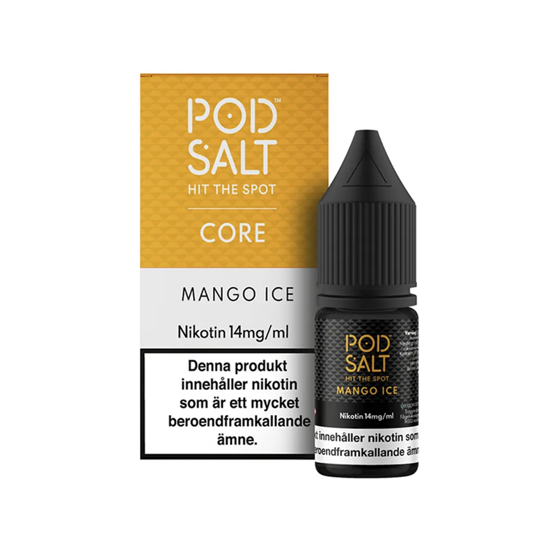 Pod Salt Mango Ice Flaska bredvid originalförpackning