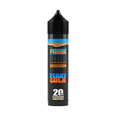 Svart, blå och orange flaska. På flaskan står det frunk bar longfill fizzy cola 20ml flavour concentrate