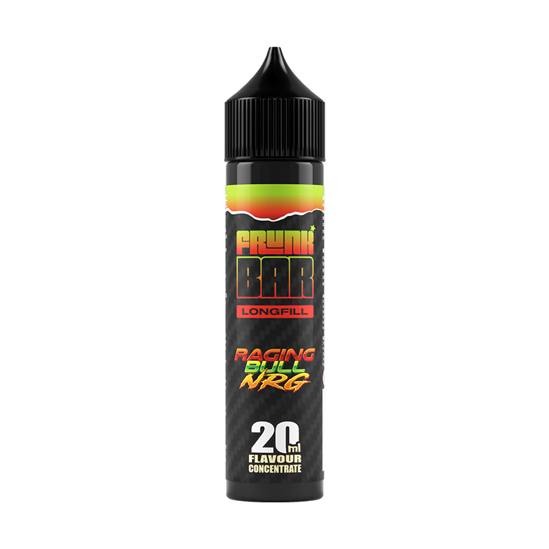 Svart, grön och röd flaska. På flaskan står det frunk bar longfill raging bull nrg 20ml flavour concentrate