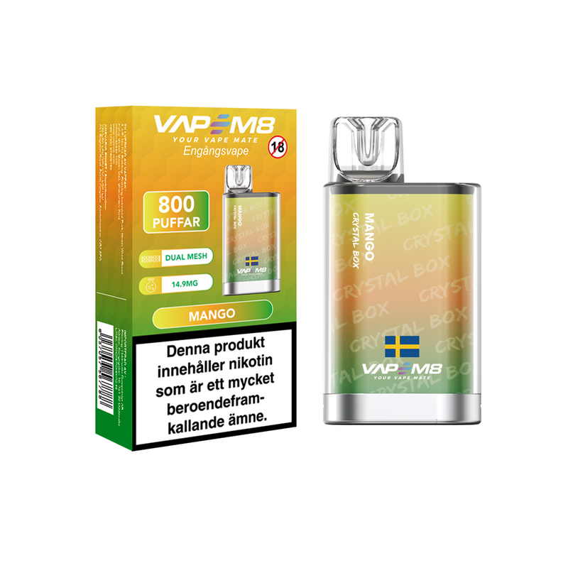 VapeM8 Crystal Box Dual Mesh Engångs Vape Mango engångsvape bredvid originalförpackning mot vit bakgrund