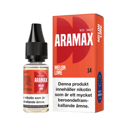 Aramax Salt Melon Lime 10ml Nic Salt flaska bredvid originalförpackning