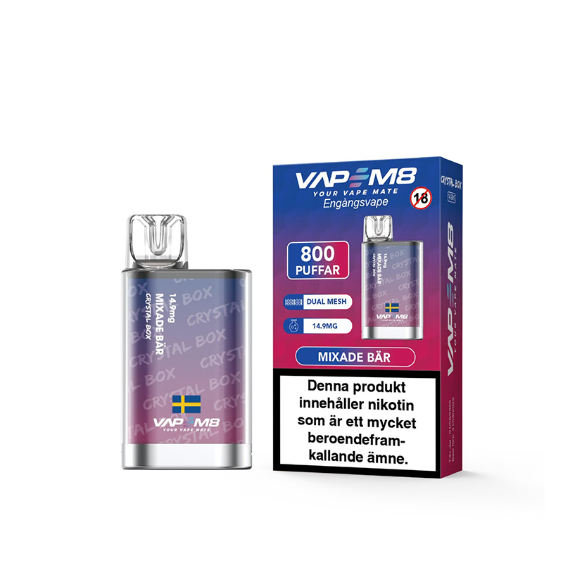 VapeM8 Crystal Box Dual Mesh Mixade Bär Engångs Vape bredvid originalförpackning