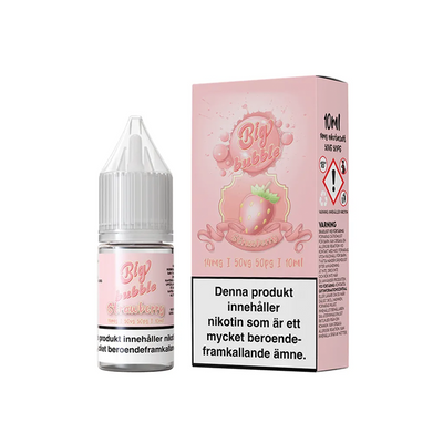 På bilden syns en flaska och låda. båda är rosa och på dom står det big bubble Strawberry 14mg 50vg 50pg 10ml