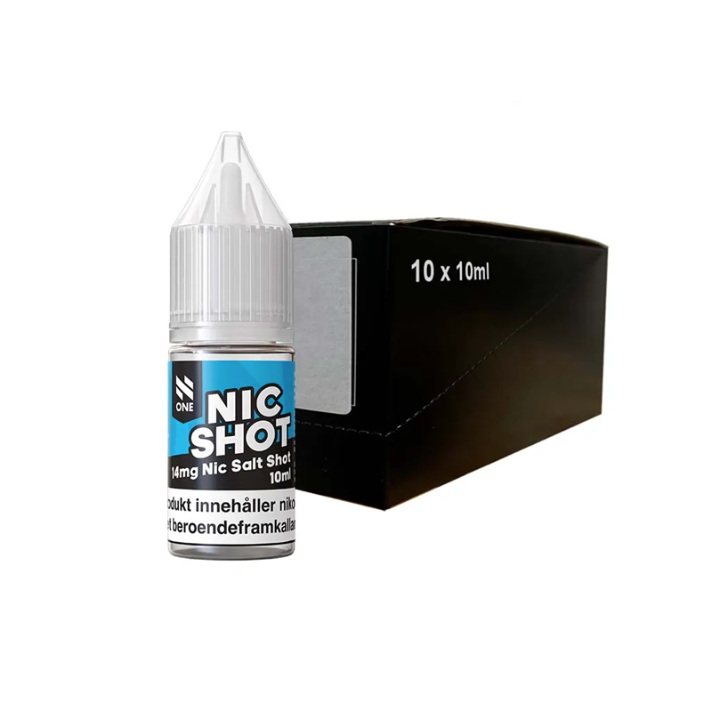 N One Nikotinshot Salt 14mg originalflaska framför 10-pack låda