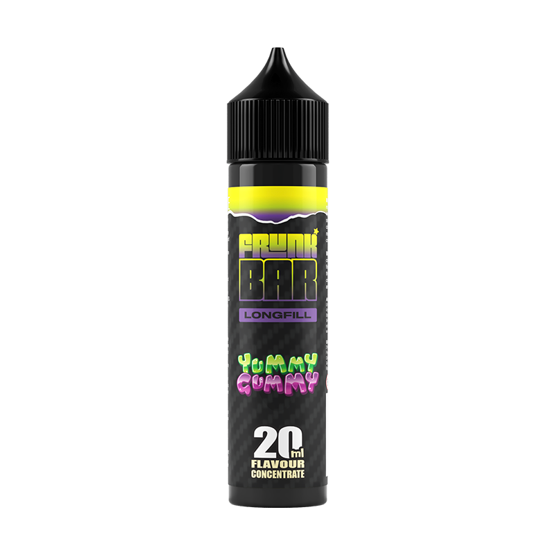 Svart, gul och lila flaska. På flaskan står det frunk bar longfill yummy gummy 20ml flavour concentrate