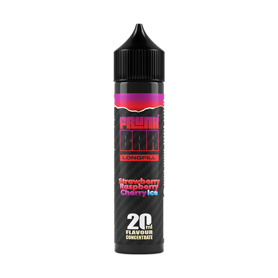 Svart, röd och lila flaska. På flaskan står det frunk bar longfill strawberry raspberry cherry ice 20ml flavour concentrate