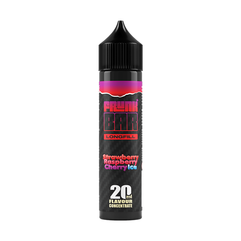 Svart, röd och lila flaska. På flaskan står det frunk bar longfill strawberry raspberry cherry ice 20ml flavour concentrate