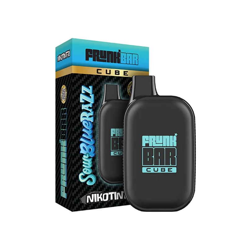 Frunk Bar Cube ZERO Mesh Engångs Vape Sour Blue Razz bredvid originalförpackning