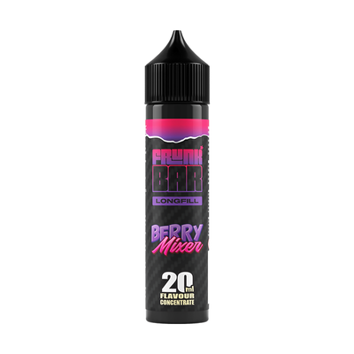 Svart, lila och rosa flaska. På flaskan står det frunk bar longfill berry mixer 20ml flavour concentrate