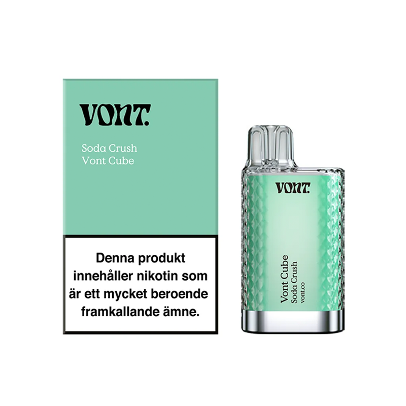 Förpackning och engångsvape Vont Cube soda crush med varningstext om nikotin och märkning 20 mg/ml.