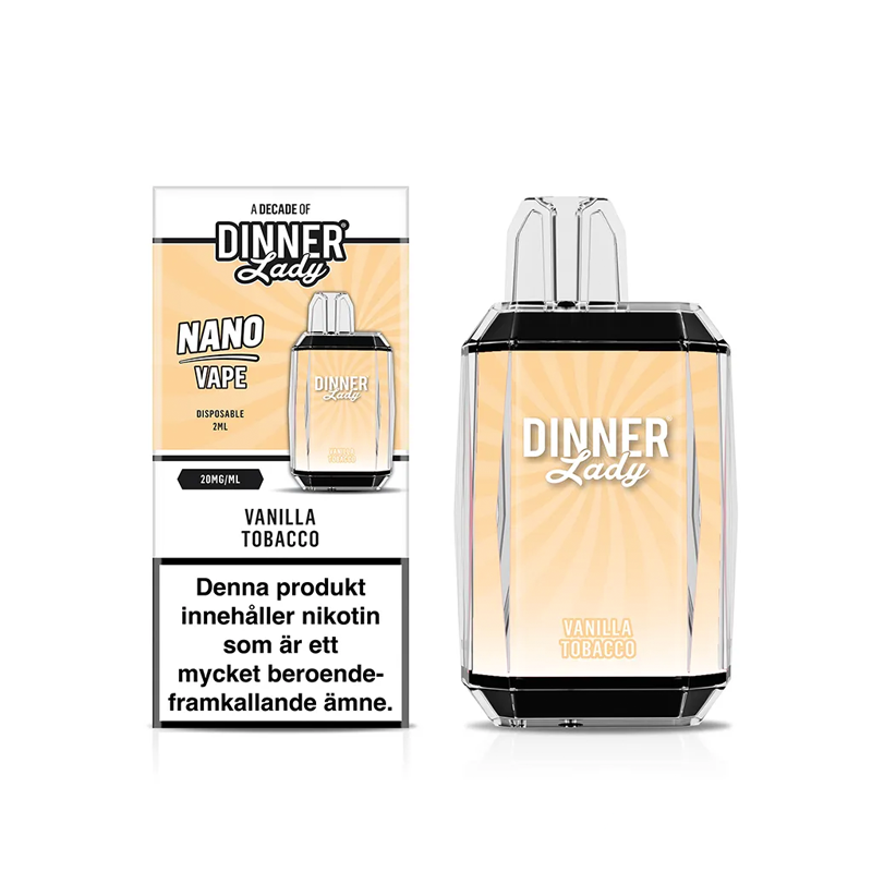 Dinner Lady Nano Mesh Vanilla Tobacco engångsvape med förpackning – smak av tobak och vanilj, 20 mg nikotinsalt