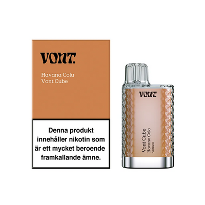 Förpackning och engångsvape Vont Cube havana cola med varningstext om nikotin och märkning 20 mg/ml.