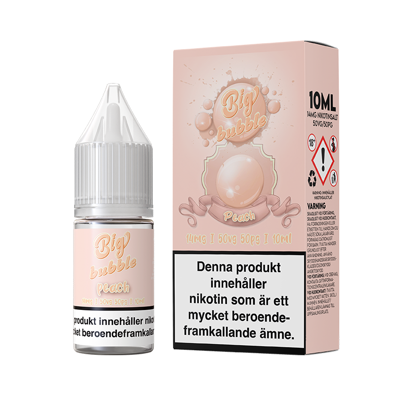 På bilden syns en flaska och låda. båda är rosa och på dom står det big bubble peach 14mg 50vg 50pg 10ml