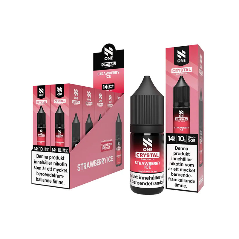 Förpackning och flaska av N One Salt Strawberry Ice e-juice 10-pack 14 mg