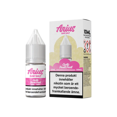 Arius Bar Salt Exotic Fruits Frost flaska bredvid originalförpackning