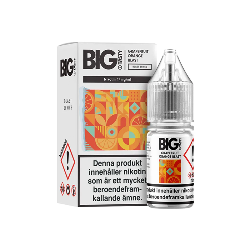 Big Tasty Salt Grapefruit Orange Blast Flaska bredvid originalförpackning
