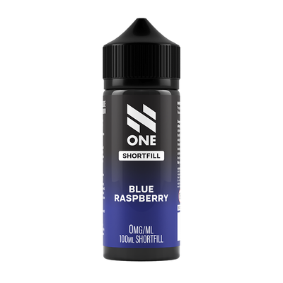 Svart och blå flaska. På flaskan står det N One Shortfill blue raspberry 0mg/ml 100ml shortfill