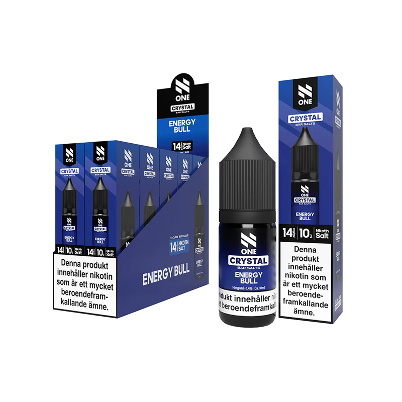 Förpackning och flaska av N One Salt Energy Bull e-juice 10-pack 14 mg