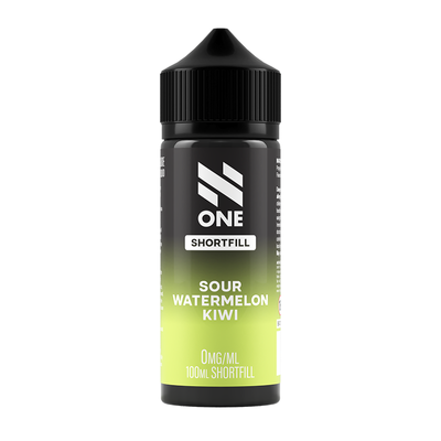 Svart och grön flaska. På flaskan står det N One Shortfill sour watermelon kiwi 0mg/ml 100ml shortfill