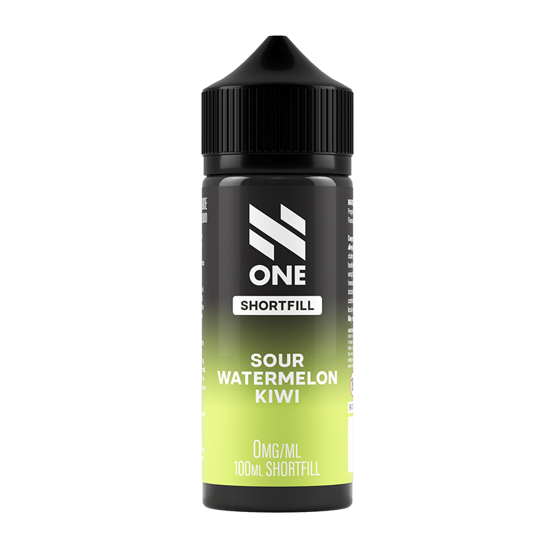 Svart och grön flaska. På flaskan står det N One Shortfill sour watermelon kiwi 0mg/ml 100ml shortfill