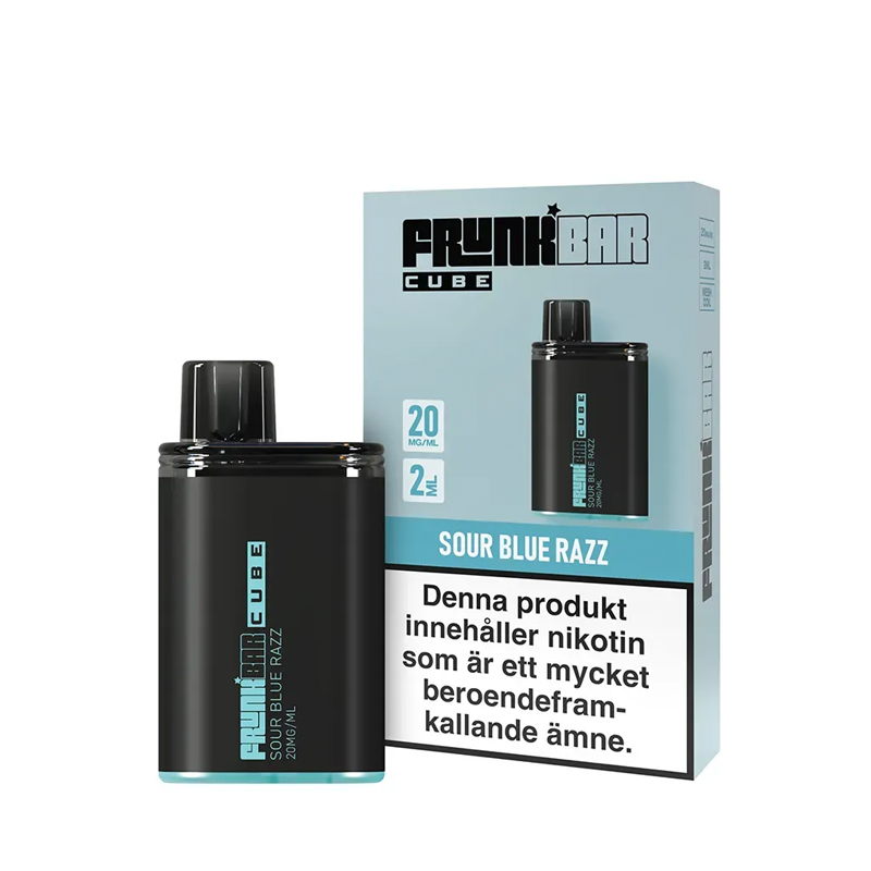 Frunk Bar Cube Sour Blue Razz Engångs Vape bredvid originalförpackning