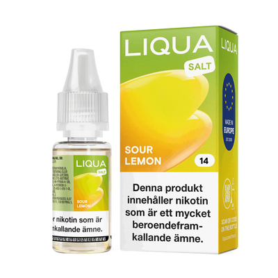 Liqua Salt Sour Lemon 10ml Nic Salt flaska bredvid originalförpackning