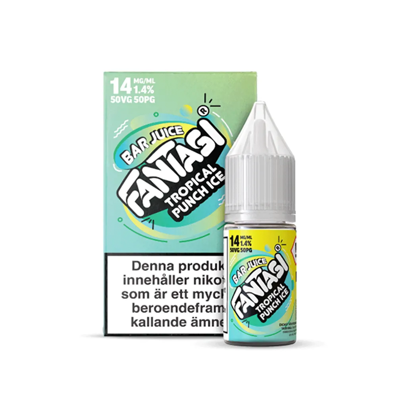 Fantasi Bar Salt Tropical Punch Ice originalflaska framför originalförpackning mot vit bakgrund
