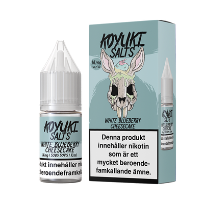 Koyuki Salts White Blueberry Chessecake 10ml, Nic Salt flaska bredvid originalförpackning