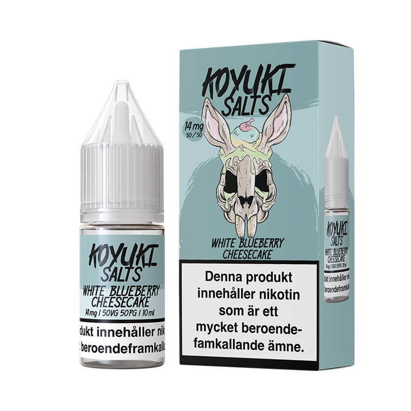 Koyuki Salts White Blueberry Chessecake 10ml, Nic Salt flaska bredvid originalförpackning