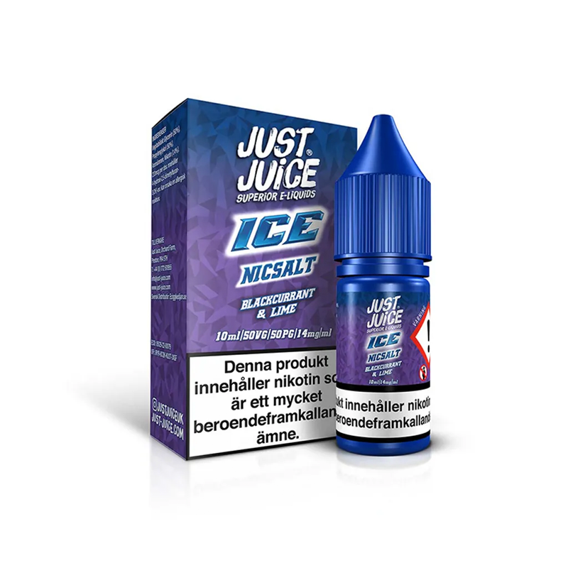 Just Juice Ice Blackcurrant & Lime originalflaska framför kartong mot vit bakgrund