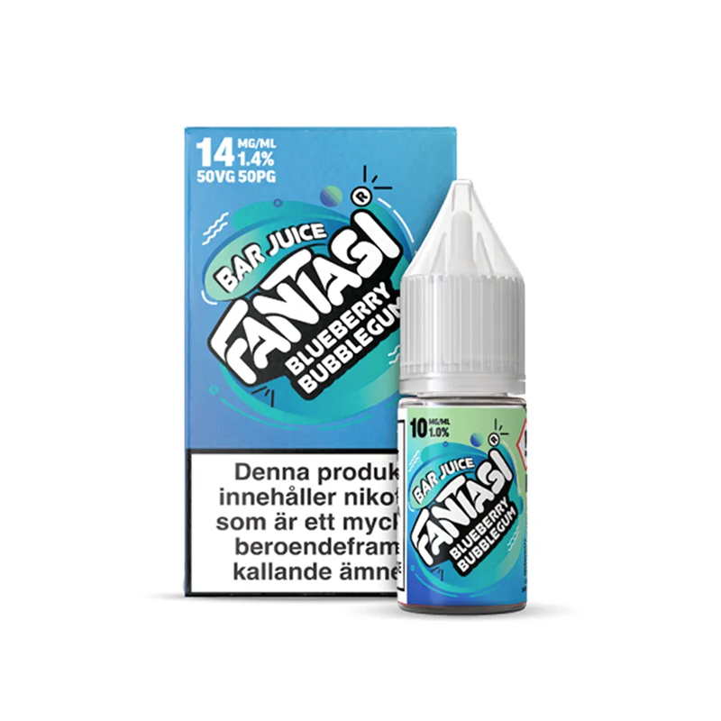 Fantasi Bar Salt Blueberry Bubblegum originalflaska framför originalförpackning mot vit bakgrund