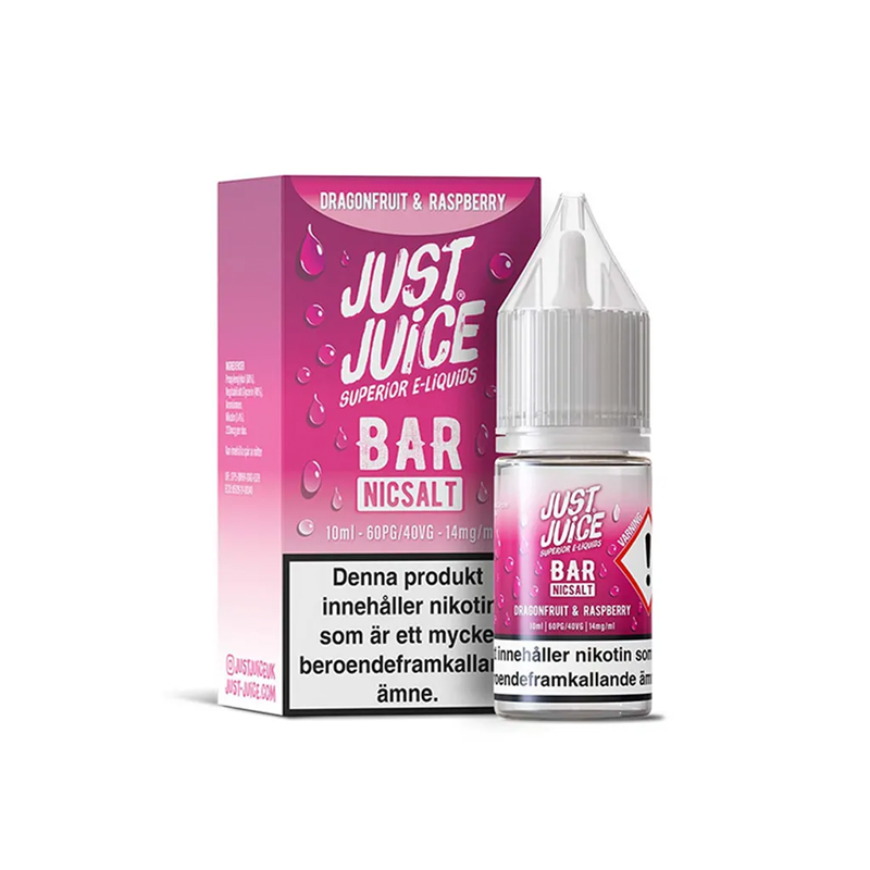 Just Juice Bar Dragonfruit & Raspberry originalflaska framför kartong mot vit bakgrund