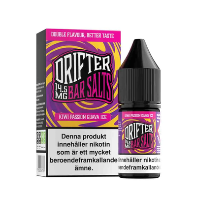 Drifter Bar Salts Kiwi Passion Guava Ice 10ml, Nic Salt flaska bredvid originalförpackning