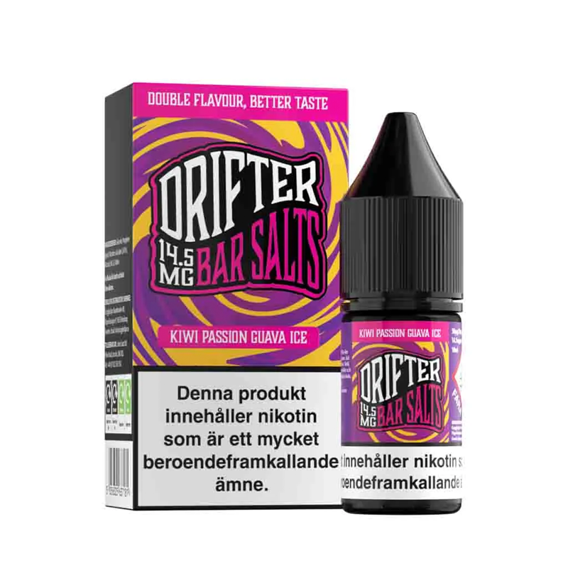 Drifter Bar Salts Kiwi Passion Guava Ice 10ml, Nic Salt flaska bredvid originalförpackning
